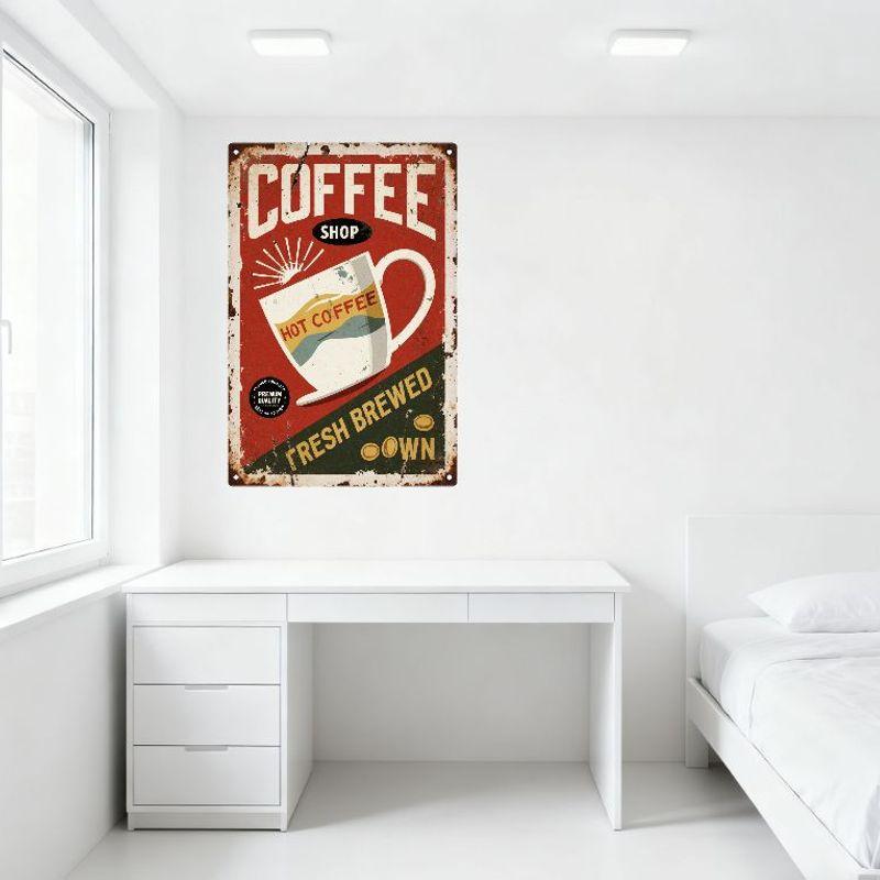 Vintage Coffee Shop Metal Tin Sign, Red Background with Coffee Cup & Sunburst, 'COFFEE SHOP' Text, Premium Quality Badge, Distre