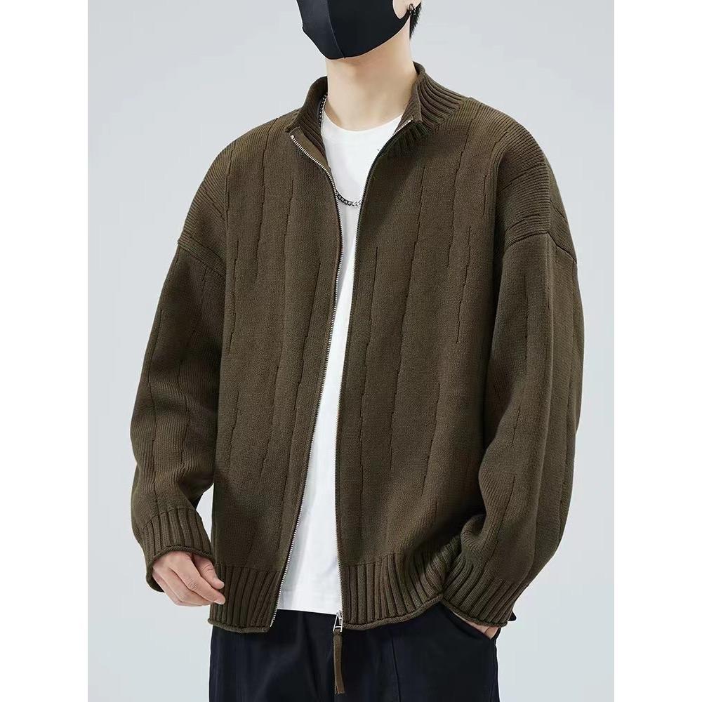 Men's Loose Fit Japanese Style Stand Collar Zipper Cardigan Sweater - Autumn & Winter Woolen Knitwear for Couples