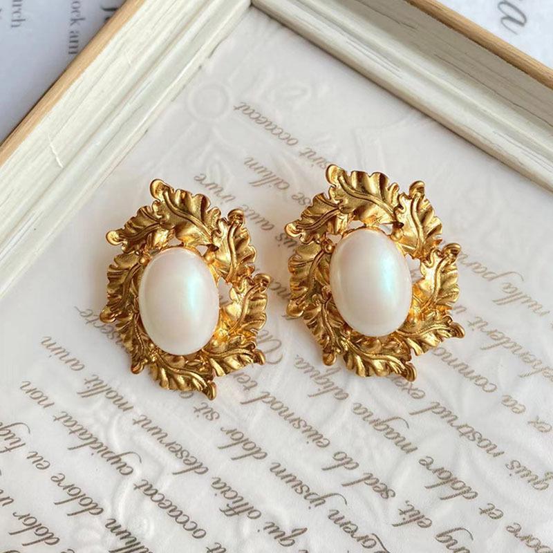 Vintage Medieval Gold Leaf & Glass Pearl Earrings with 925 Silver Posts
