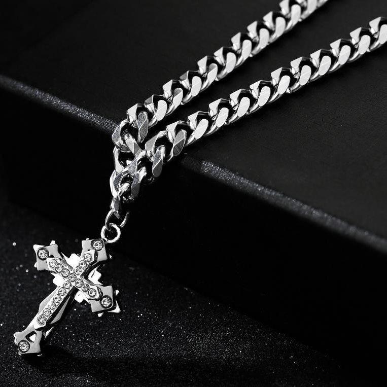 Necklace Cuban Chain Cross Pendant Male Tide Hip Hop Titanium Steel Non-Fading High Street Thick Versatile Necklace