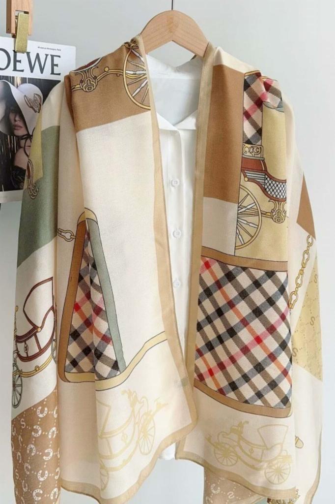 Beige Scarf With Diamonds And Carriages Print - 100% Viscose, 180X85