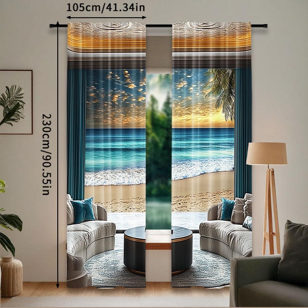2Pcs Fantasy Scenery Curtain Abstract Seascape Ocean Horizon With Oriental Detailed Room Curtain For Bedroom Living Room And