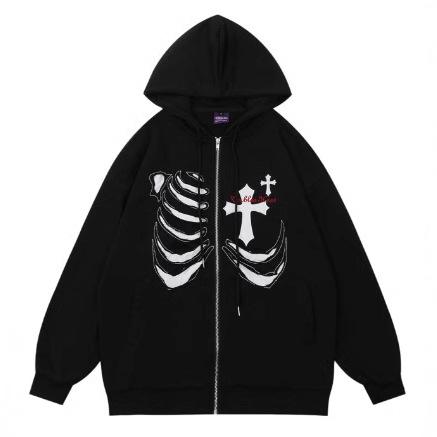 New zipper cardigan cross print Guochao treasure couple sweater hoodie jacket
