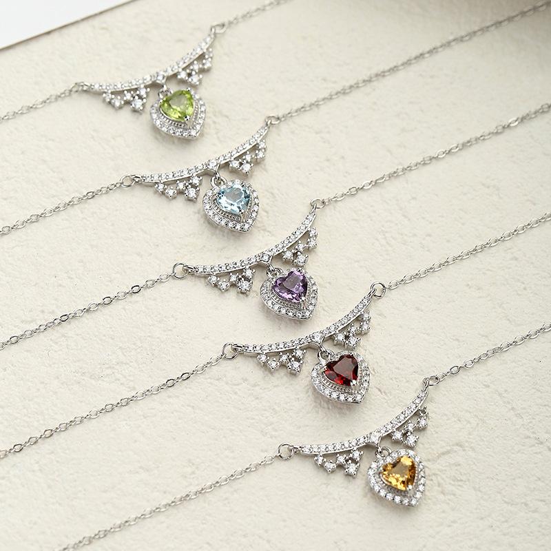 S925 sterling silver necklace women's natural peridot love pendant amethyst citrine light luxury high-end collarbone chain elegant women's jewelry