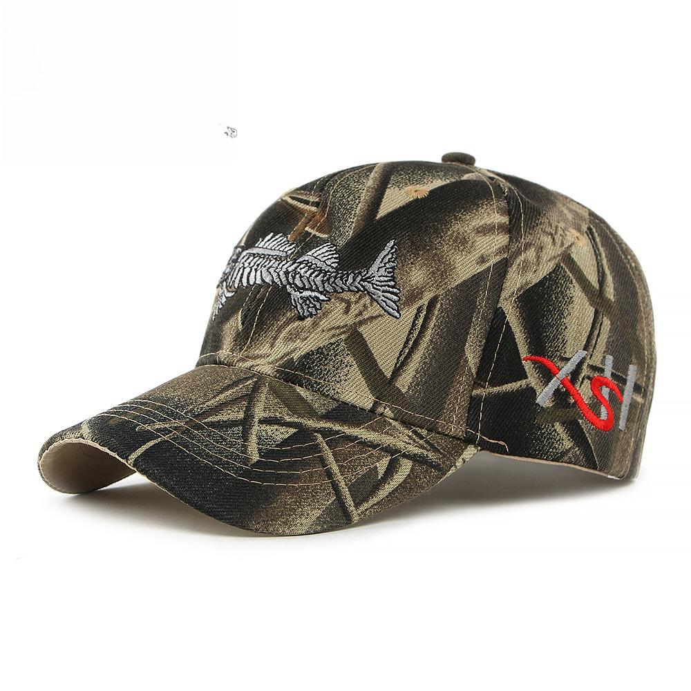 Unisex Fishing Baseball Cap 3D Fish Skeleton Embroidery Camouflage Structured Sun Hat Outdoor Tactical Peaked Cap Spring Autumn Dad Hat Adjustable(55-60cm)