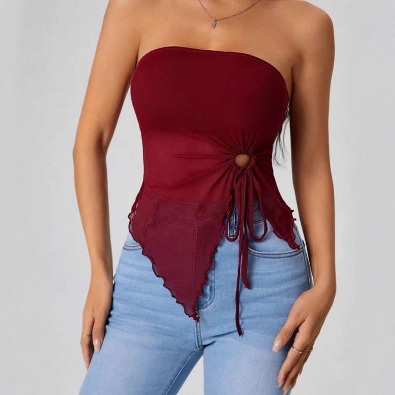 Women Burgundy Sheer Mesh Tube Top Side Ring Drawstring Irregular Hanky Hem Strapless Crop Cami XS кларет