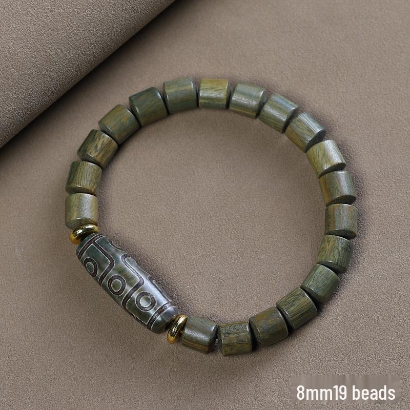 Green Sandalwood Barrel Bead Bracelet with Aventurine Dzi Bead - Unisex Wooden Single-Loop Buddhist Jewelry.