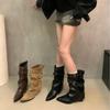 2025 Autumn and Winter New Pointed Rivet Western Boots Women's Knee Short Trouser Boots Belt Buckle Thick Heel Thin Boots