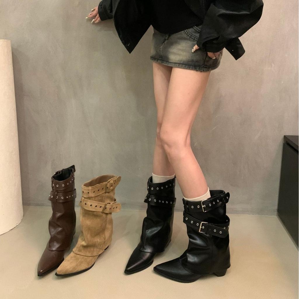 2025 Autumn and Winter New Pointed Rivet Western Boots Women's Knee Short Trouser Boots Belt Buckle Thick Heel Thin Boots