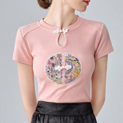 Camiseta feminina com gola redonda, nova camiseta feminina bordada, manga curta, top com cintura temperada