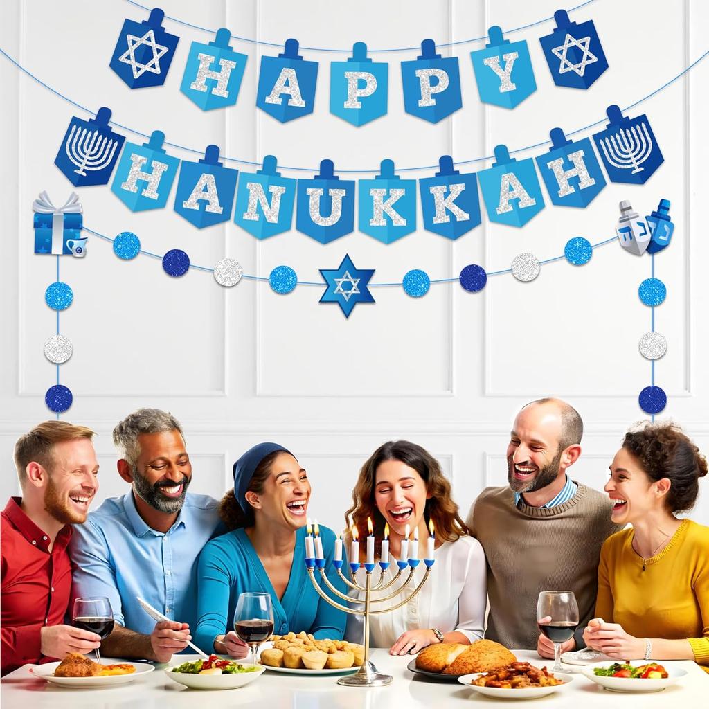 Hanukkah Decorations Banner, Pre-assembled Hanukkah Party Decor Garland, Happy Hanukkah Sign Banner, Chanukah Decorations for Home, Blue Glitter