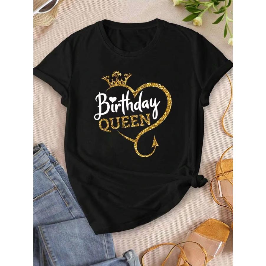 Cotton Tee Birthday Gift for Girls Birthday Queen Graphic Print Tshirt Women's Clothing Harajuku Summer Short Sleeves Crew Neck T-Shirt