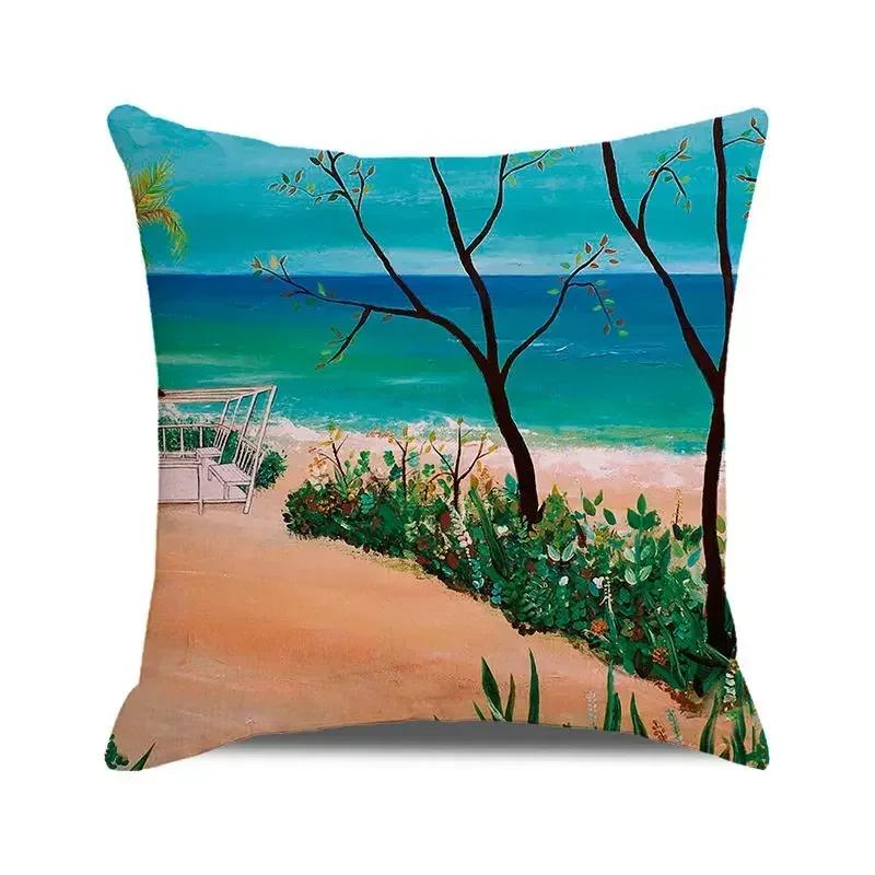 45x45 Cm Blue Ocean Style Square Cushion Cover Beach Coconut Grove Sunset Scenery Print Pillowcase Home Decor Pillow Cover