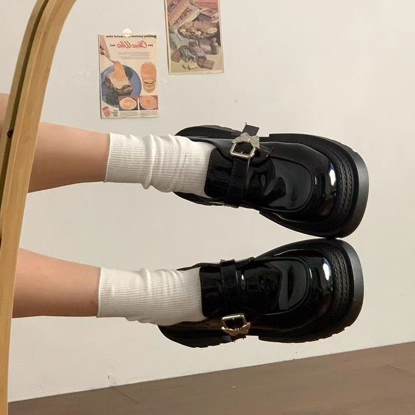 Black Thick Heel Loafers Versatile Round Head Platform Heightening Single Shoes British Style Small Leather Shoes Women's 2025 Spring and Autumn New