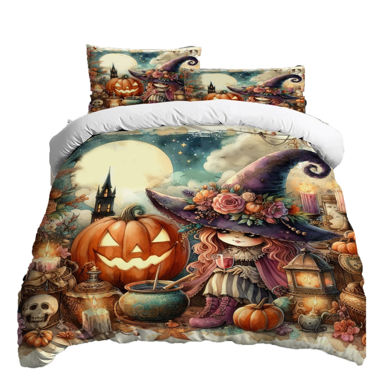 

Хэллоуин Комплект постельного белья из трех предметов Пододеяльник Наволочка Матовая ткань Утолщенный XS тёмно-синий