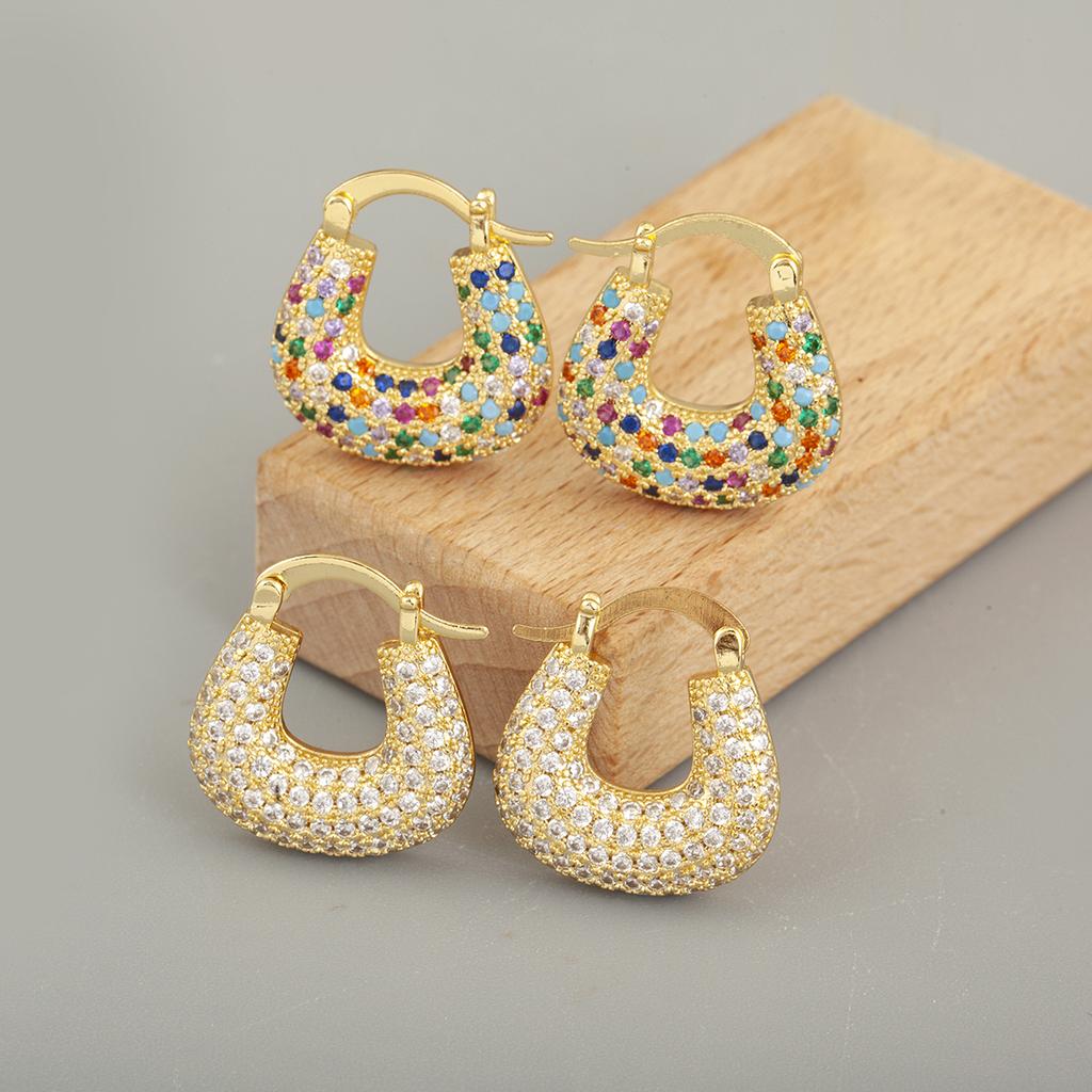 Nidin High Quality U Shape Copper Inlaid White/Colorful Zircon Hoop Earrings For Women Female Wedding Party Ear Jewelry Gifts