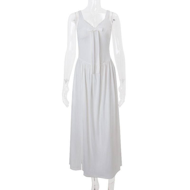 

INS Fashion Style Women s Clothing 2025 Summer New Arrival Sexy V-neck Pure Desire Bows Swing Split Sling Dress White L