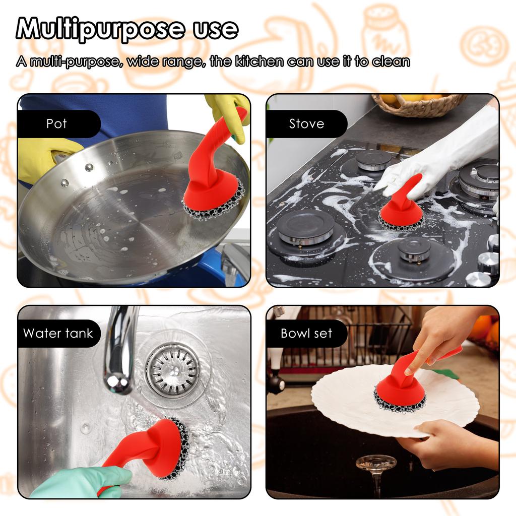 Cast Iron Scrubber with Silicone Handle Kitchen Rust Pot Pans Cleaning Brush Rust Remover Stubborn Stain Metal