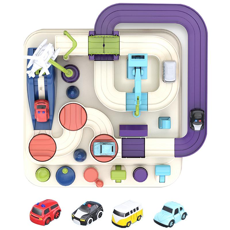 4 Cars Rail Car Train Track Toys For Kids Montessori Boys Girls Xmas Gifts Racing Cars Mechanical Adventure Brain Table Game