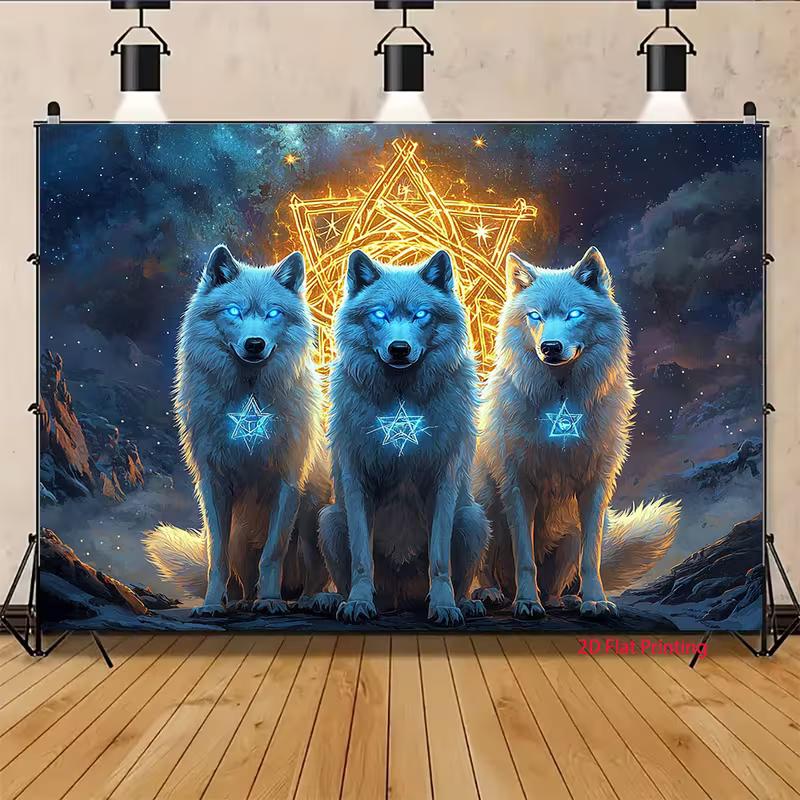 2D Glowing Blue Eyes Wolf Mystic Astrology Backdrop Gothic Party Decor Background Cloth