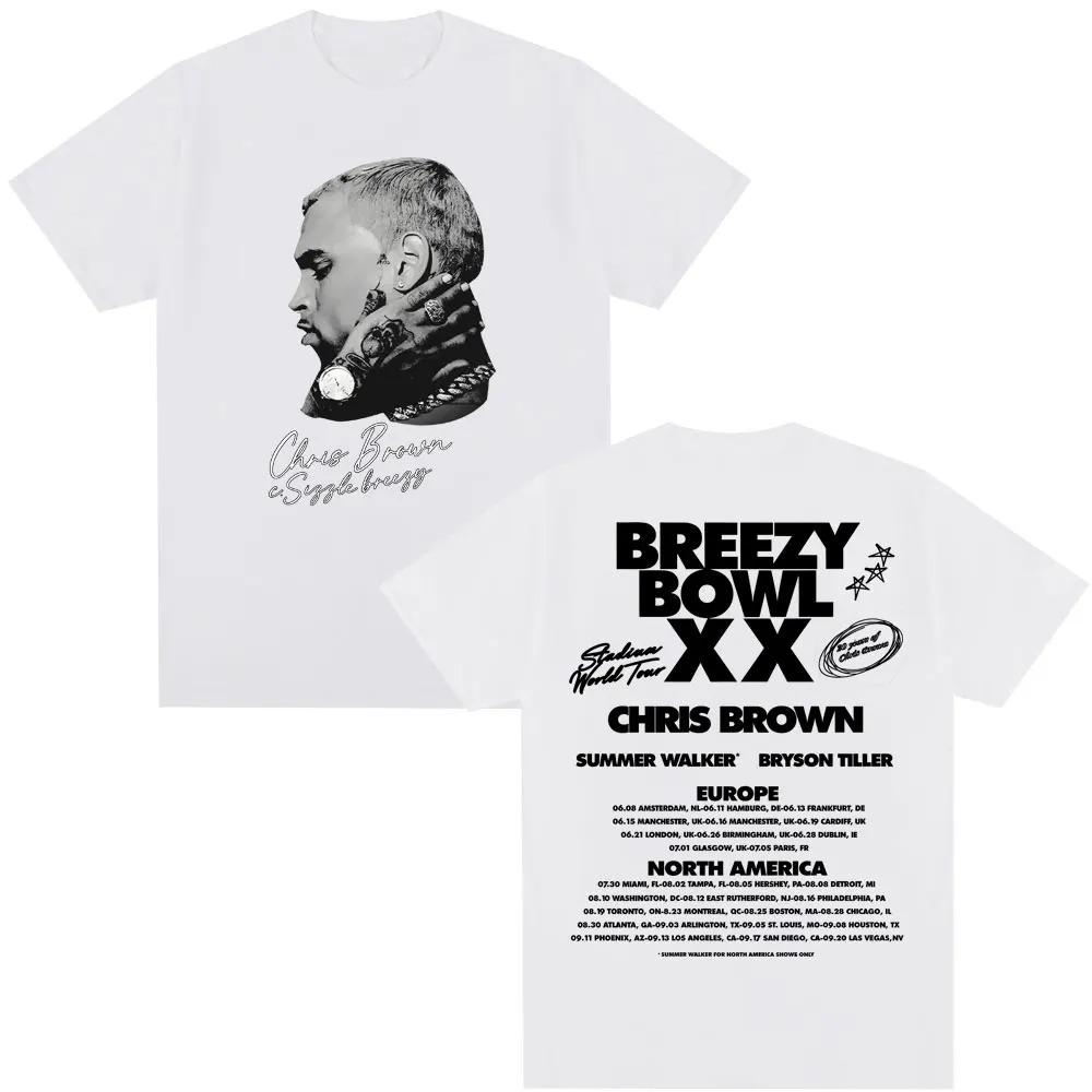 Hot Vintage Chris Brown Breezy Bowl XX Tour Streetwear Hip Hop Men Women T-Shirt Loose Casual Oversized Top Cotton Harajuku Fashion Summer New  Tee