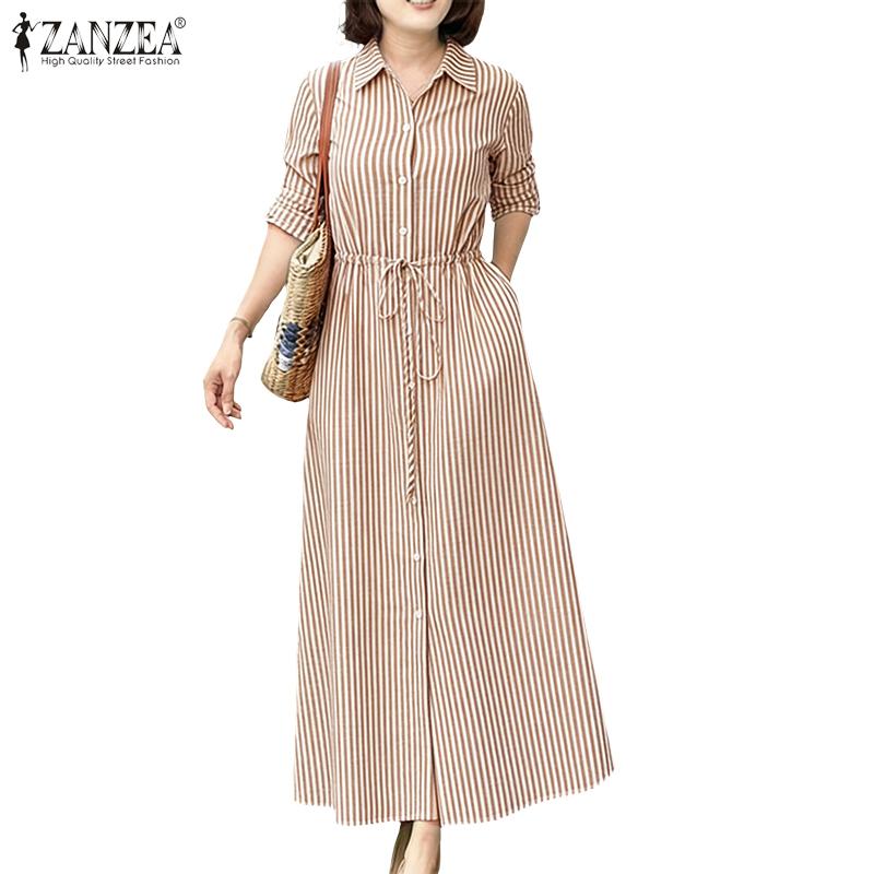 ZANZEA Women Casual Turn Down Collar Long Sleeve Stripe Dress
