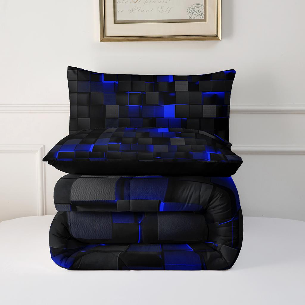 chadly 3pcs Super Soft Fashion Sense Of Technology Grid Thickening Quilt Set (1 Comforter +2 Pillowcases Without Core)
