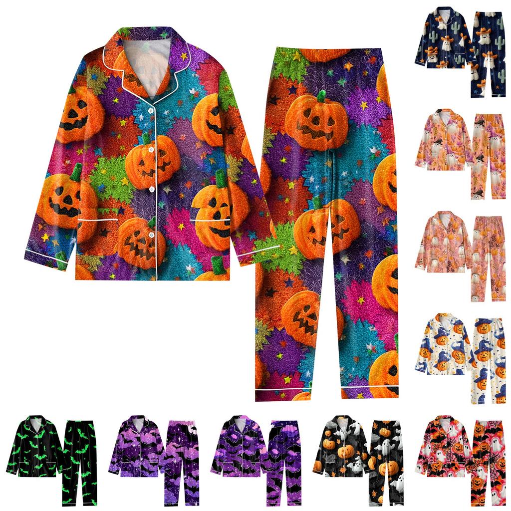 Women's 2 Piece Printed Suit Long Sleeve Button Up Top Wide Leg Pants Suit Set Pajamas Home Casual Suit