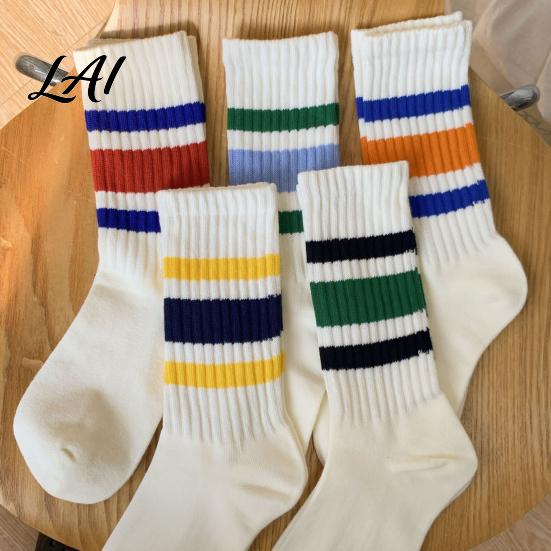 Unisex Mid Calf Socks Mid-calf Sports Socks Cotton Contrast Striped Crew Moisture Versatile Color Wicking Athletic for Autumn And Winter Daily