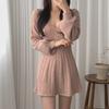 Korean Chic Lantern Sleeve V-Neck Knitted Sweater Dress