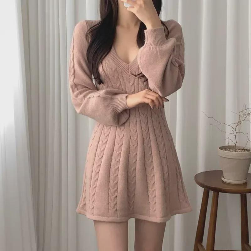 Korean Chic Lantern Sleeve V-Neck Knitted Sweater Dress