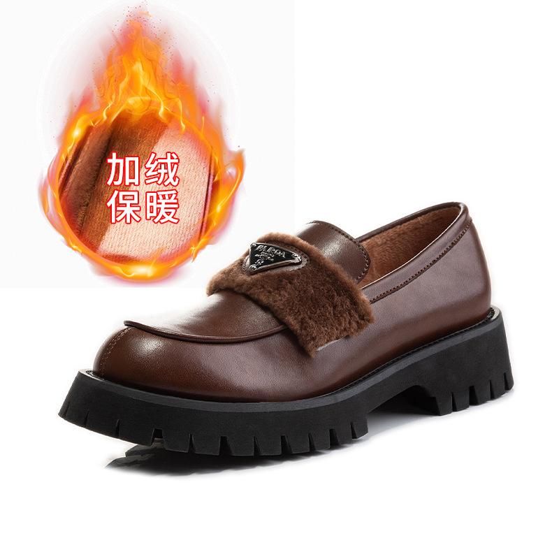 Loafers Women's Winter 2025 New Velvet Small Leather Shoes Casual Leather Women's Shoes Shallow Mouth Fashion Mary Jane Shoes