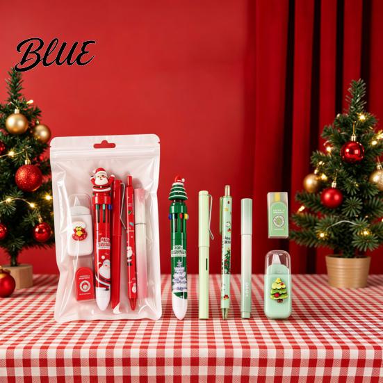 School Gift Sets for Winter Holidays 6PCS Christmas Stationery Set Students Cute Patterns Print Festive Theme Pens Homework Practical Supplies,