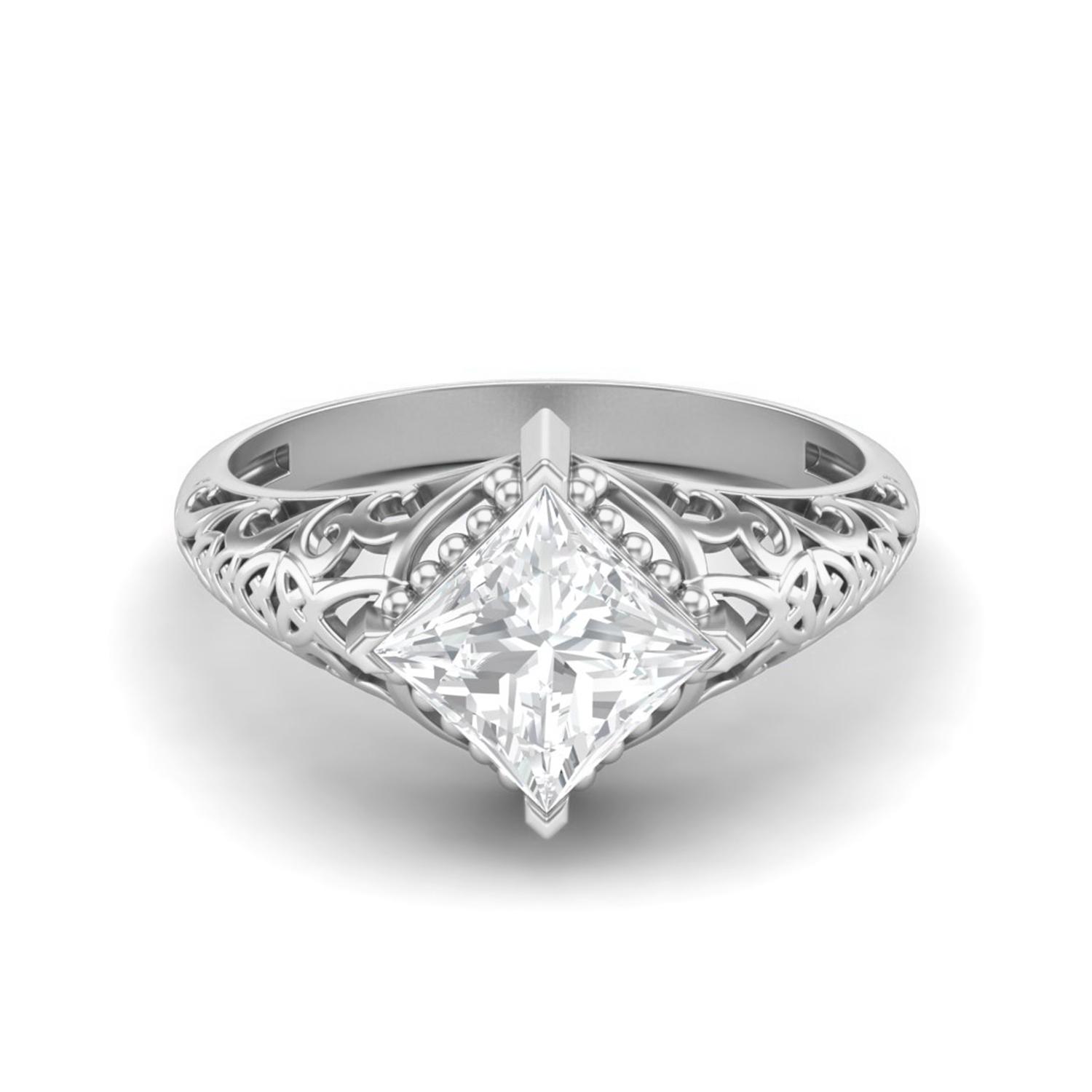 1.30 Ctw Square Moissanite Filigree 925 Sterling Silver Solitaire Women Wedding Ring