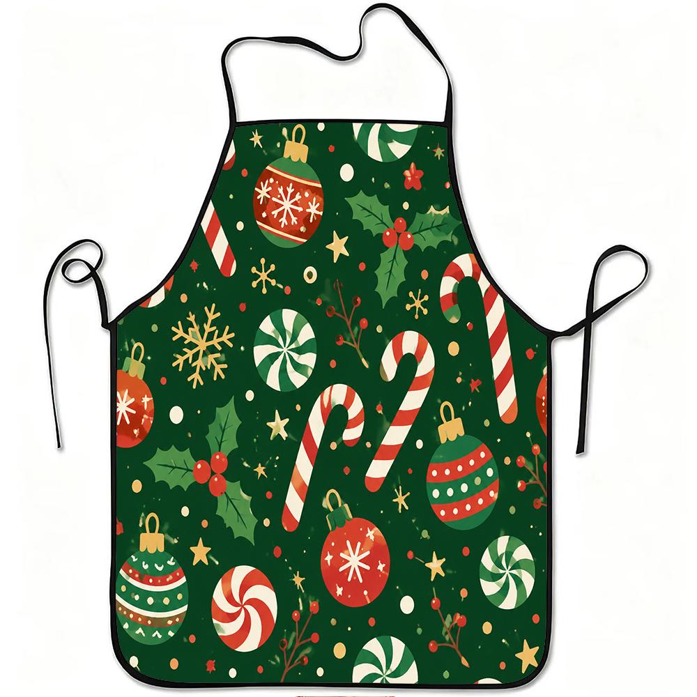 1pc Christmas Candy Cane Ornament Snowflake Print Apron, Durable And Easy To Clean, Adjustable Waistband, Polyester Material, for Kitchen Cooking, Gar