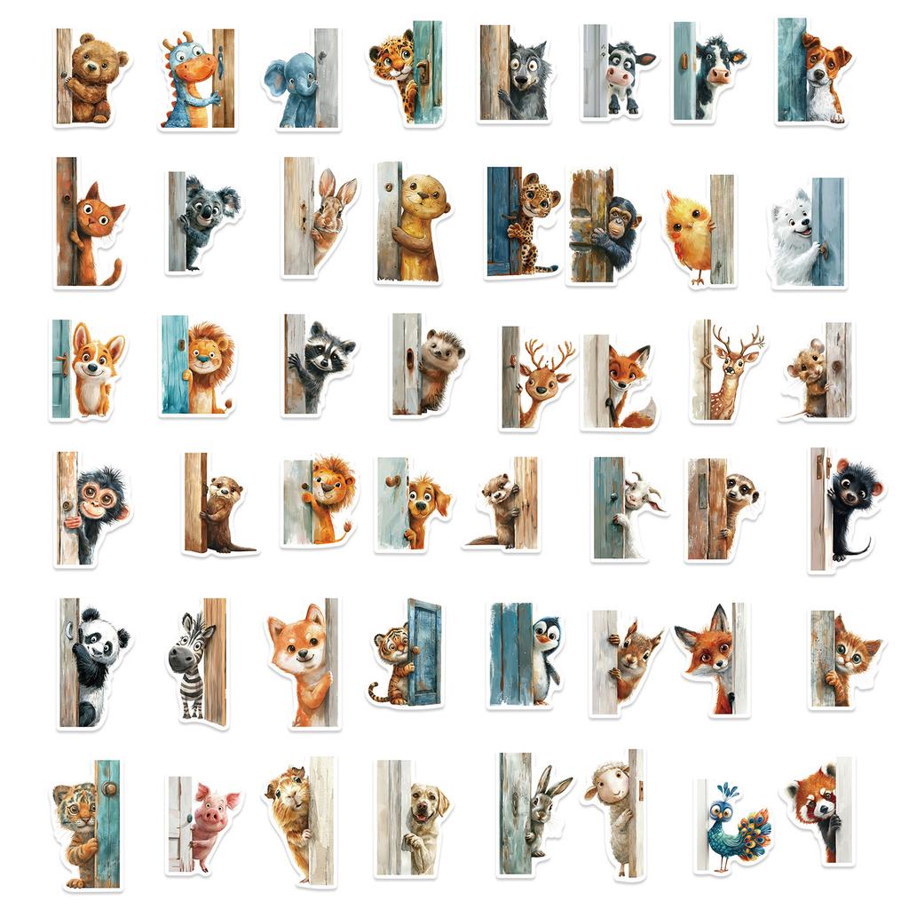 50 Cartoon Peeking Animal Stickers Outside The Door Decorative Notebook Suitcase DIY Waterproof Stickers
