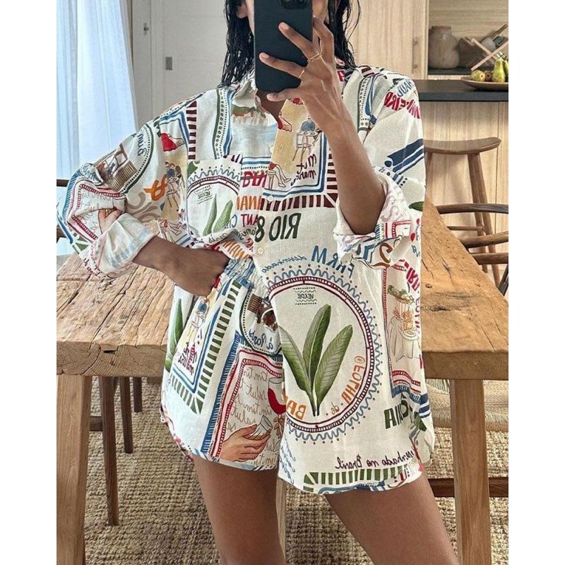 1116 spring and summer European and American fashion women's clothing printed loose shorts short-sleeved shirts cartoon POD fixed