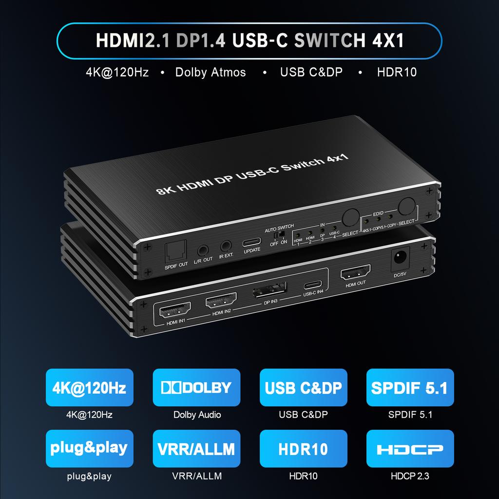 4k120Hz Hdmi2.1 Switch USB-C DP 4 in 1 OUT HDCP 2.3  4-Port HDMI Switcher with Audio Extractor Vision Remote Control