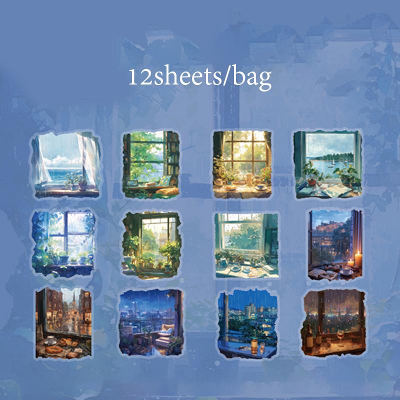 12pcs/bag PET Sticker Pack Romantic Rainy Season Window Night View Pattern Atmosphere Stickers DIY Envelope Gift Memo Decoration