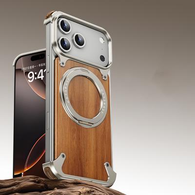 Eary Natural Wooden Frameless Case For iPhone 17 Pro Max 17 Air for Magsafe 360°Rotation Magnetic Stand Shockproof Phone Cover