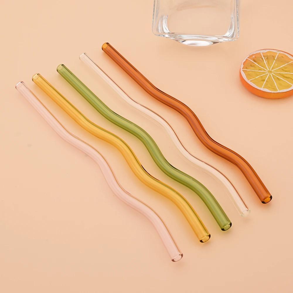 6Pcs Reusable Glass Straws Wavy Pink Clear Drinking Straw High Borosilicate Glass Straw Glass Tube Party Favors Bar Drinkware
