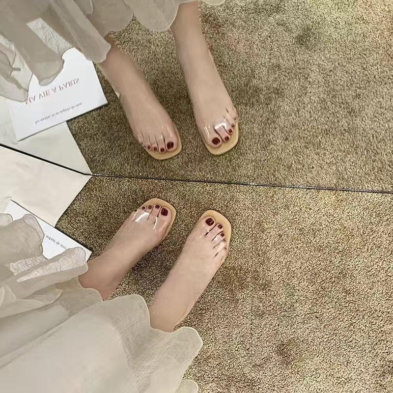 High heels sandals women's summer 2025 new fashion transparent middle heel crystal shoes fashion thick heel outer slippers