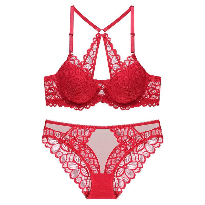 Lace Front Bra Set Small Bust With Push-Up Support Backless Design 3/4 Cup Adjustable Straps
