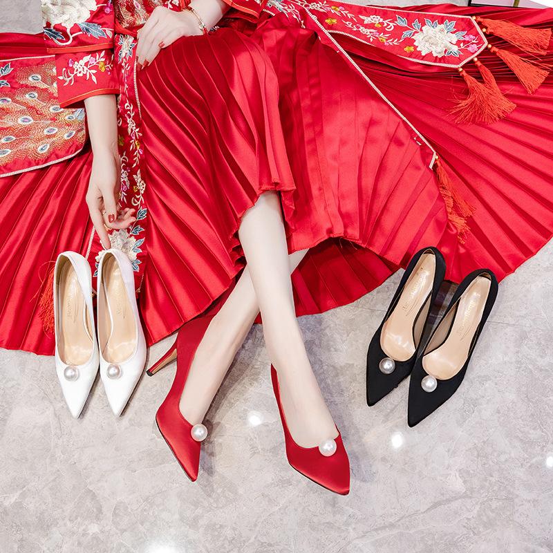 Fashion 2025 New Wedding Shoes Women Pearl Buckle Red High Heels Stiletto Bridesmaid White Bridal Shoes Black Work Shoes