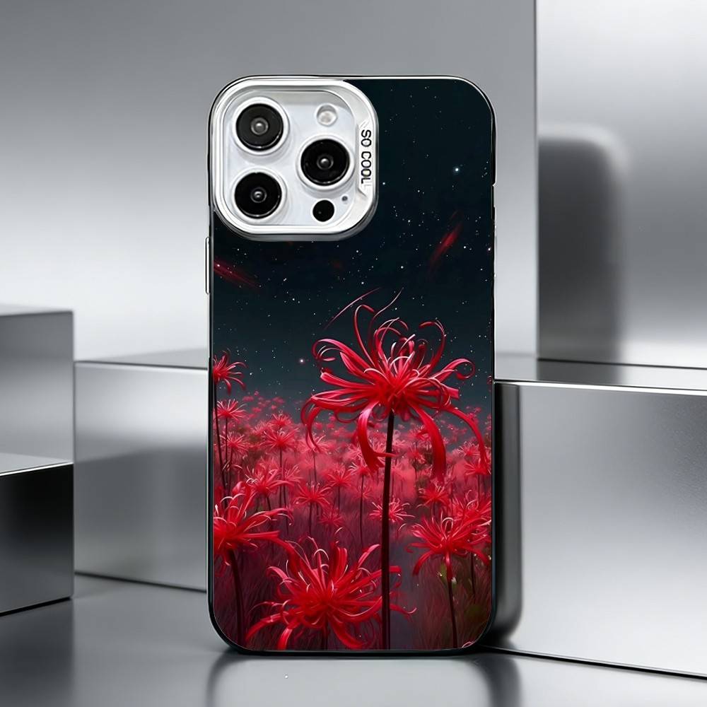 R-Red S-Spider Lily F-Flowers    Phone Case For iPhone 17,16,15,14,13,12,11 Plus,Pro Max,XS,Colored Silver Phone Case