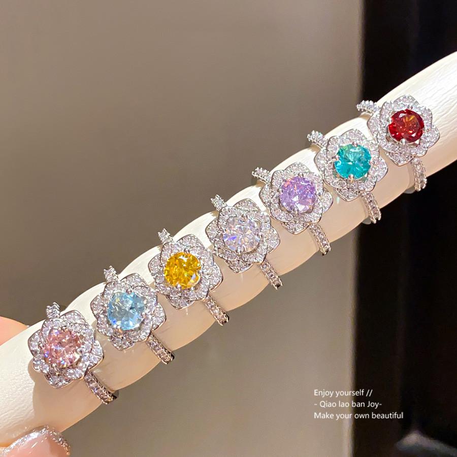 Light Luxury Zircon Flower Round Open Ring For Women Summer Fashion Jewelry