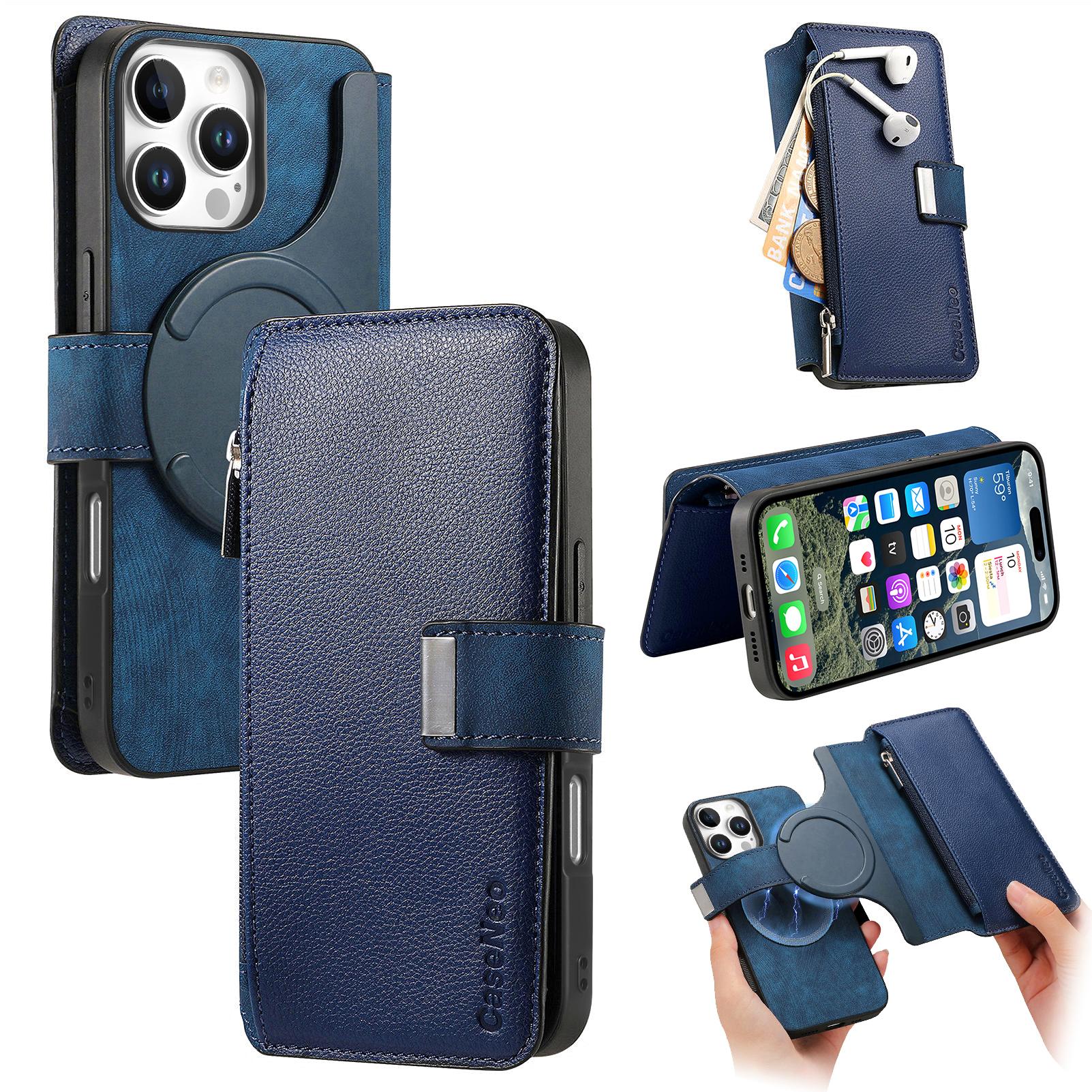 

CASENEO MW-02 For iPhone 16 Pro Max Leather Case Detachable Magnetic Phone Cover Dark Blue