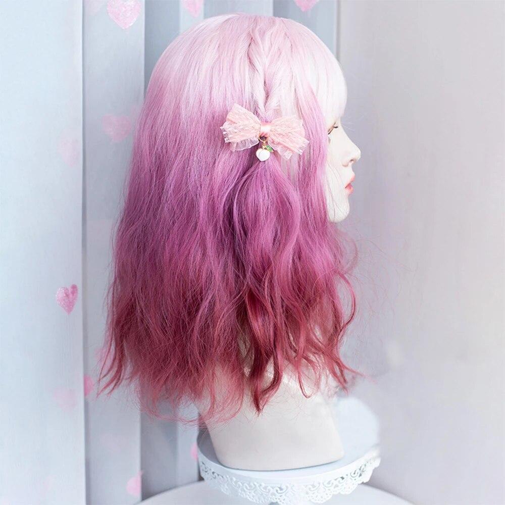 Long Ombre Wavy Curly Pink Purple Gradient Wigs with Bangs Fluffy Women Lolita Cosplay Hair Wig for Daily Party