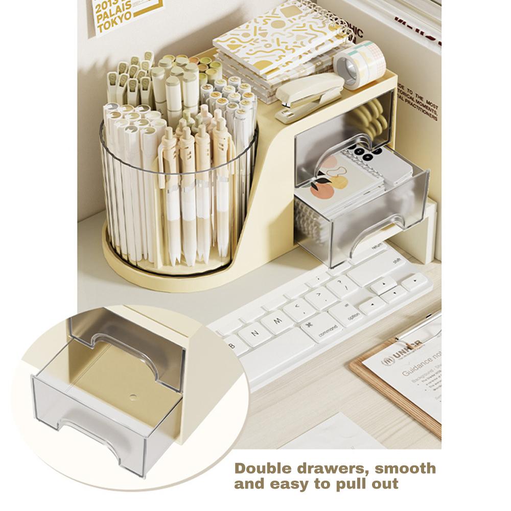 Rotating Pen Organizer with 2 Drawers Stationery Accessories Storage Box Multi-Functional Desk