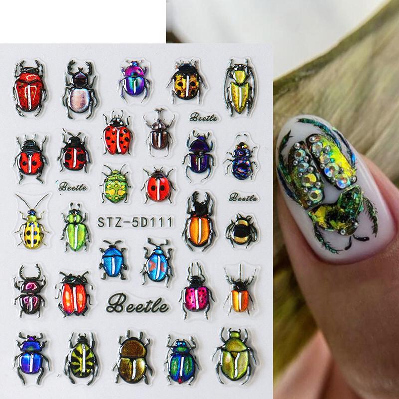 1 list Y2K ryté letní manikúrní nálepky hmyz nálepka na nehty beruška květina 5D samolepicí ozdoby na nehty
